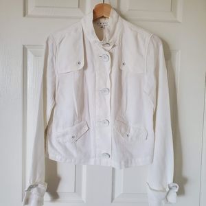 Cabi Jacket Womens Small White Linen Button Up Long Sleeve Mock Collar Coat